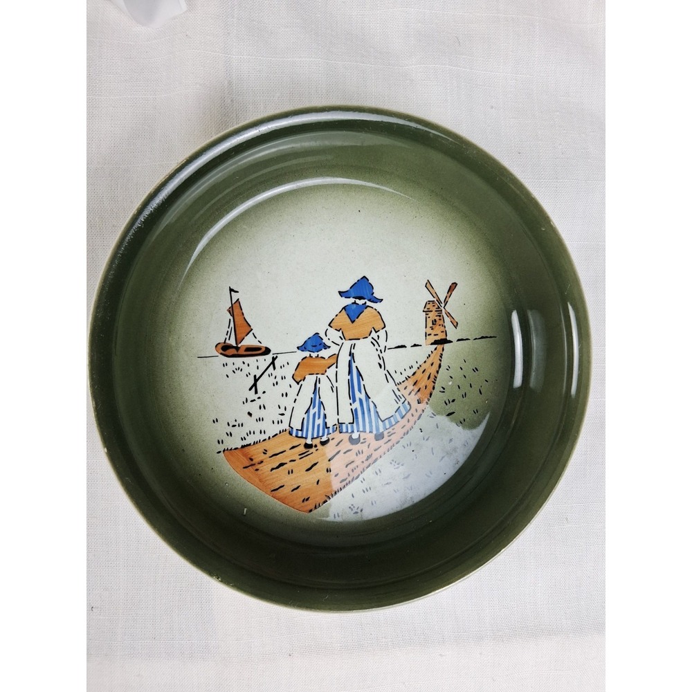 Vintage‎ Germany Hand Painted Dutch Landscape Bowl 7in Green Marked Numbered